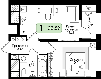 Однокомнатная квартира 33.59м², 16 этаж № 169