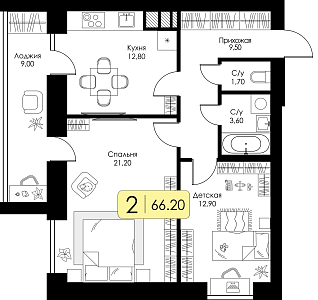 Двухкомнатная квартира 66.2м², 8 этаж № 146