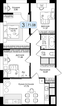 Трехкомнатная квартира 71.08м², 23 этаж № 261