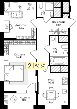 Двухкомнатная квартира 56.67м², 16 этаж № 172