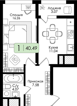 Однокомнатная квартира 40.49м², 19 этаж № 171