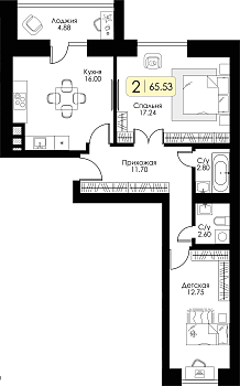 Двухкомнатная квартира 65.53м², 2 этаж № 116