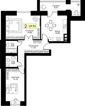 Двухкомнатная квартира 69.95м², 5 этаж № 135