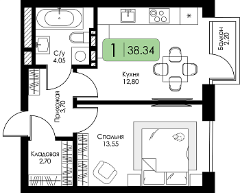 Однокомнатная квартира 38.34м², 11 этаж № 184