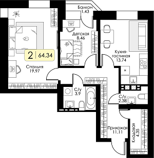 Двухкомнатная квартира 64.34м², 3 этаж № 22