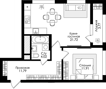 Однокомнатная квартира 51.33м², 19 этаж № 172