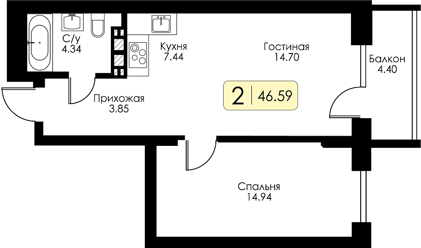 Двухкомнатная квартира №168 с чистовой отделкой, Корпус №12, Секция 1