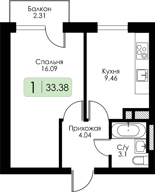 Однокомнатная квартира №17 c черновой отделкой, Корпус Дом №1, Секция 1