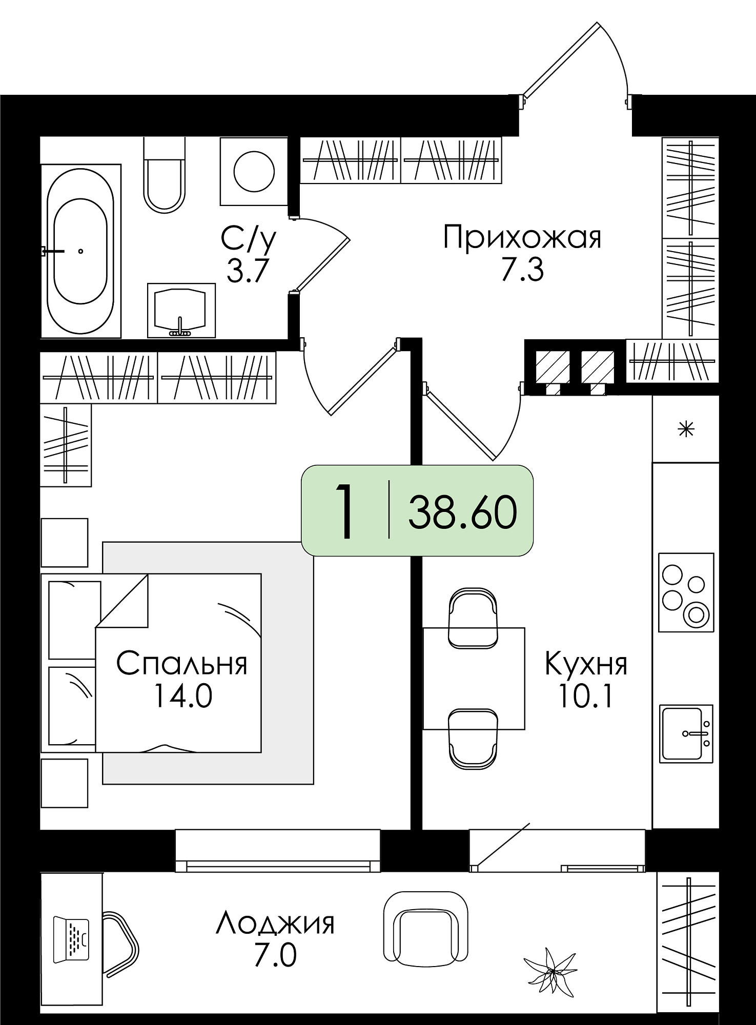 Однокомнатная квартира №47 c черновой отделкой, Корпус Дом №1, Секция 3