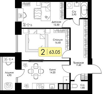 Двухкомнатная квартира 63.05м², 10 этаж № 159