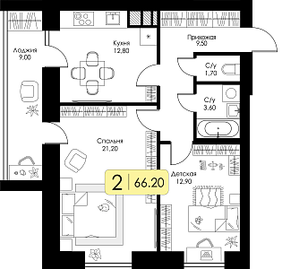 Двухкомнатная квартира 66.2м², 1 этаж № 104