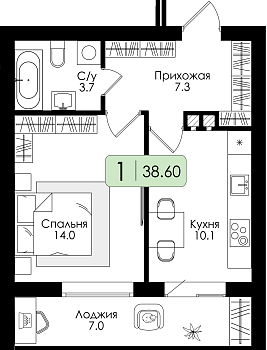 Однокомнатная квартира 38.6м², 3 этаж № 51