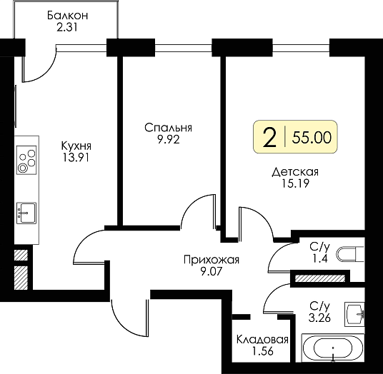 Двухкомнатная квартира №38 c черновой отделкой, Корпус Дом №1, Секция 3