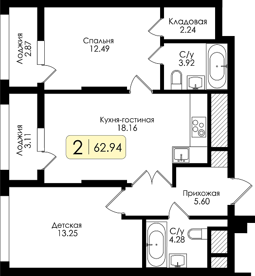 Двухкомнатная квартира №48 с чистовой отделкой, Корпус № 1, Секция 1