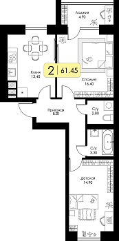 Двухкомнатная квартира 61.45м², 3 этаж № 113