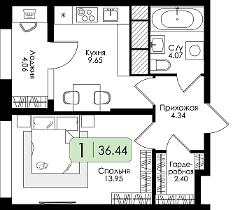 Однокомнатная квартира 36.44м², 25 этаж № 281