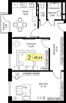 Двухкомнатная квартира 68.64м², 2 этаж № 115