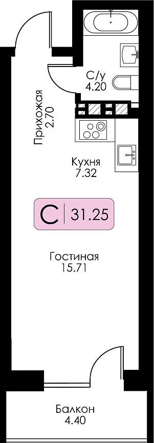 Квартира-студия №28 с чистовой отделкой, Корпус №12, Секция 1