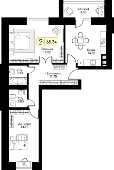 Двухкомнатная квартира 68.34м², 1 этаж № 65