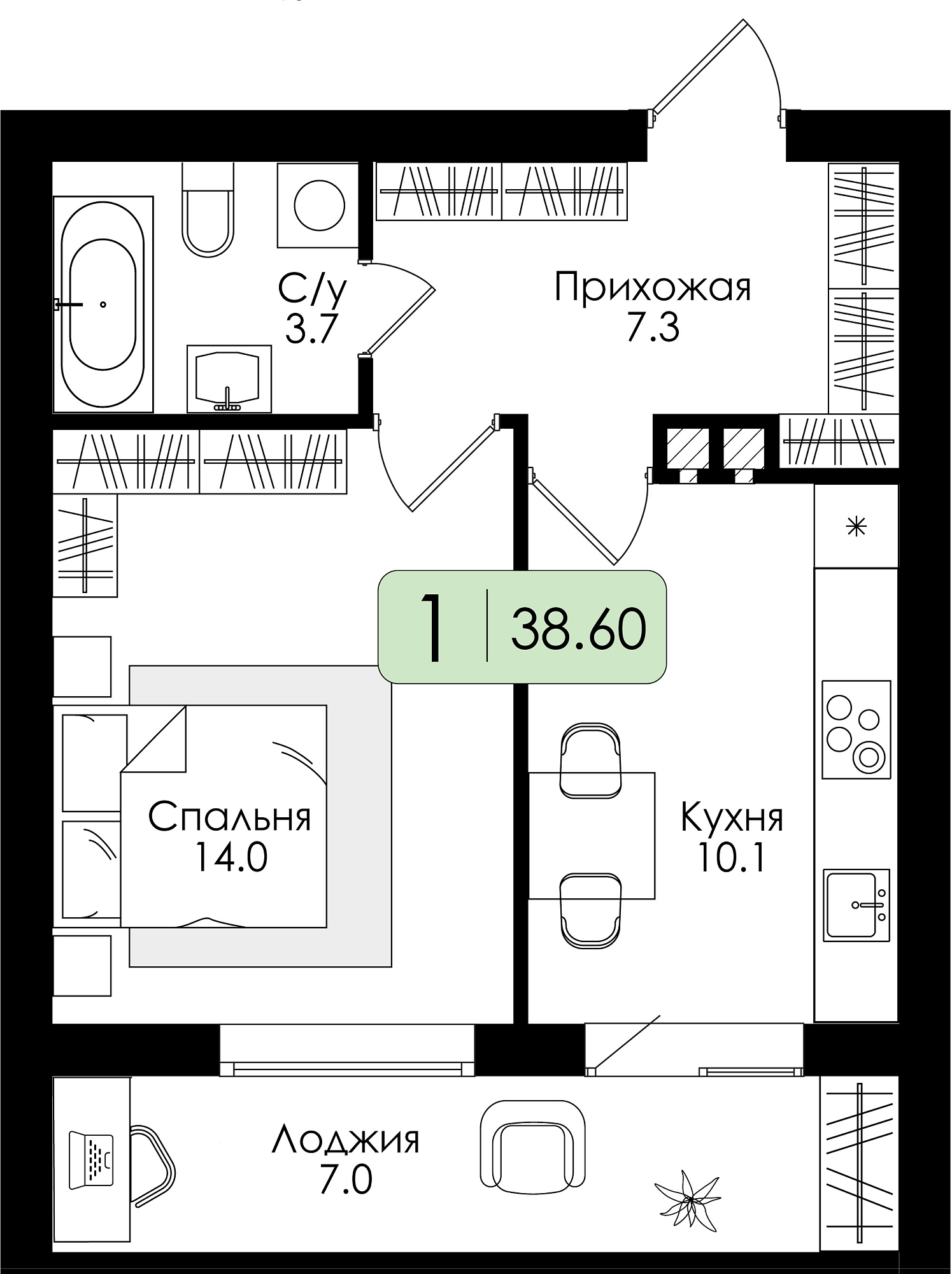 Однокомнатная квартира №11 c черновой отделкой, Корпус Дом №1, Секция 1