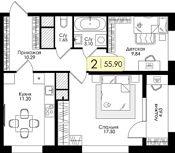 Двухкомнатная квартира 55.9м², 25 этаж № 279