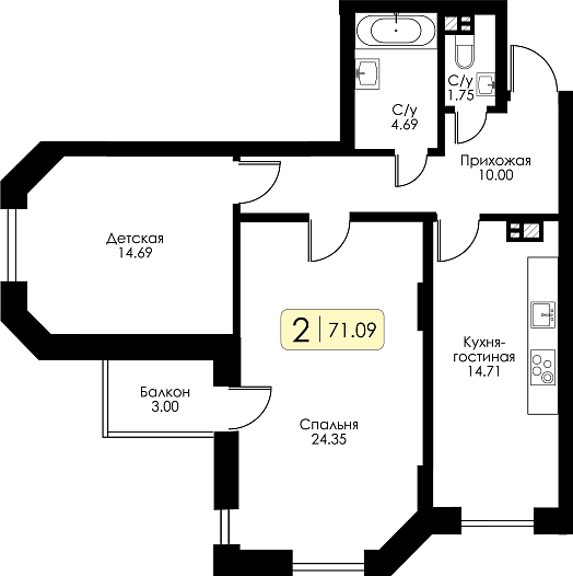 Двухкомнатная квартира №51 c черновой отделкой, Корпус №11, Секция 1