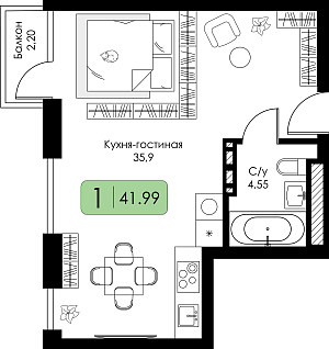 Однокомнатная квартира 41.99м², 2 этаж № 109