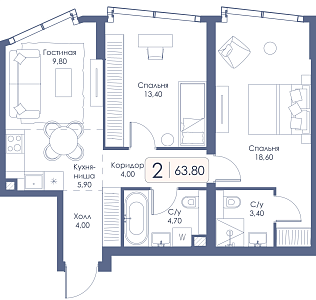 Двухкомнатная квартира № 230 