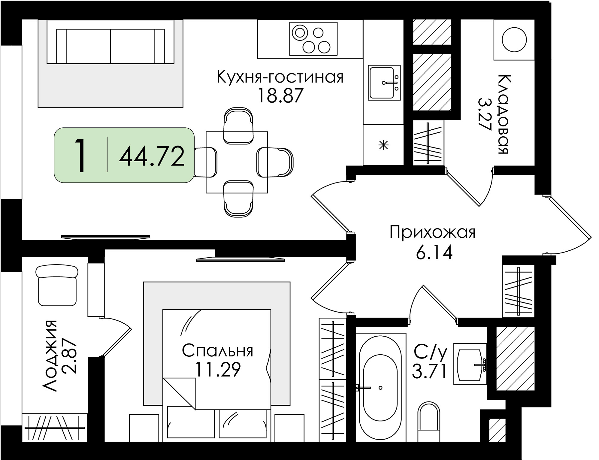 Однокомнатная квартира №99 с предчистовой отделкой, Корпус № 1, Секция 1