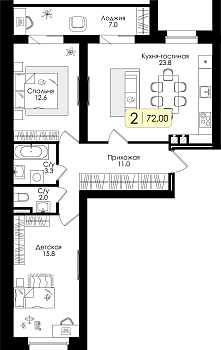 Двухкомнатная квартира 72м², 4 этаж № 76