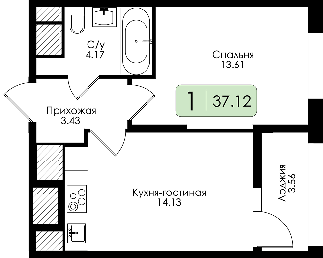 Однокомнатная квартира №122 с чистовой отделкой, Корпус № 2, Секция 1