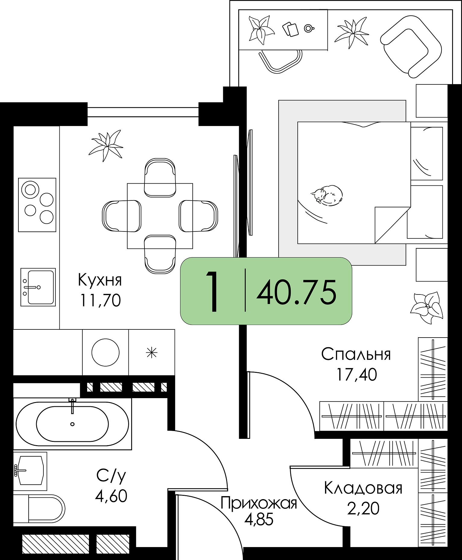 Однокомнатная квартира №74 c черновой отделкой, Корпус А, Секция 1