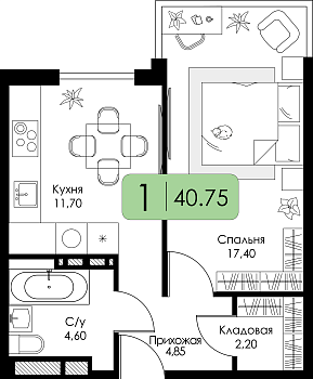 Однокомнатная квартира 40.75м², 11 этаж № 74