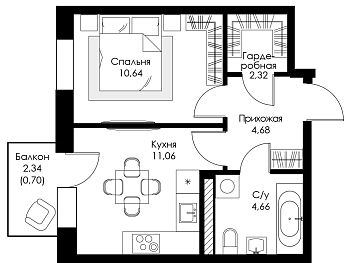 Однокомнатная квартира № 169 