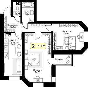 Двухкомнатная квартира 71.09м², 6 этаж № 48