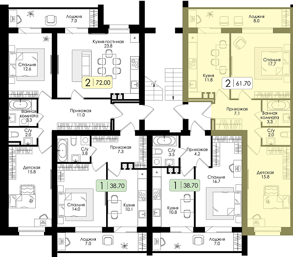 Двухкомнатная квартира №61 c черновой отделкой, Корпус Дом №1, Секция 4