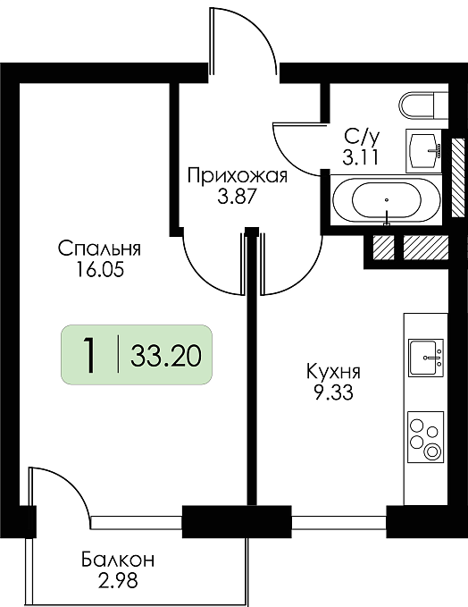 Однокомнатная квартира №3 c черновой отделкой, Корпус Дом №1, Секция 1