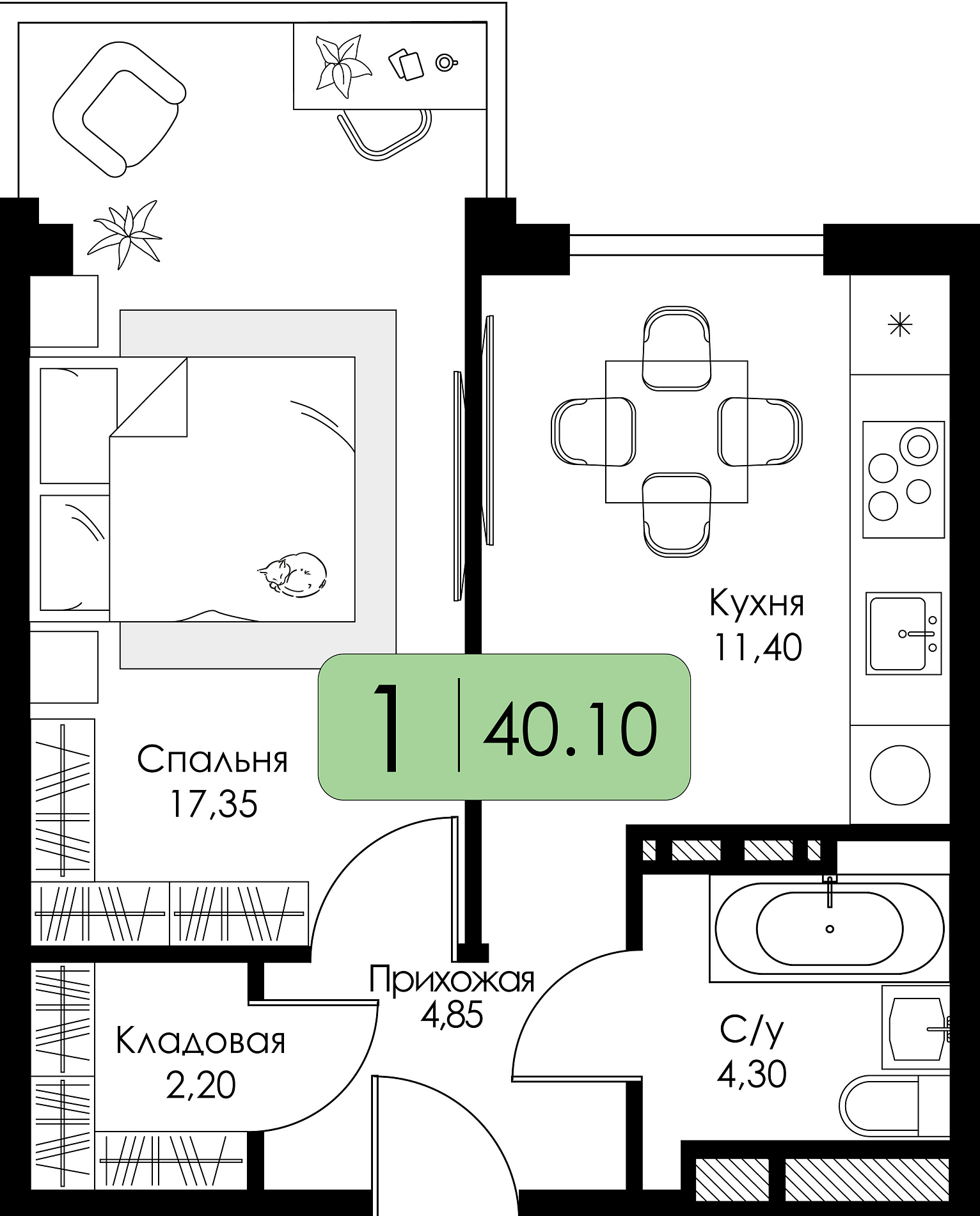 Однокомнатная квартира №9 c черновой отделкой, Корпус А, Секция 1