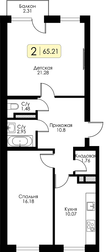 Двухкомнатная квартира №28 c черновой отделкой, Корпус Дом №1, Секция 2