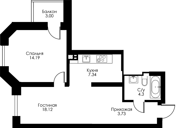 Двухкомнатная квартира №76 c черновой отделкой, Корпус №11, Секция 1