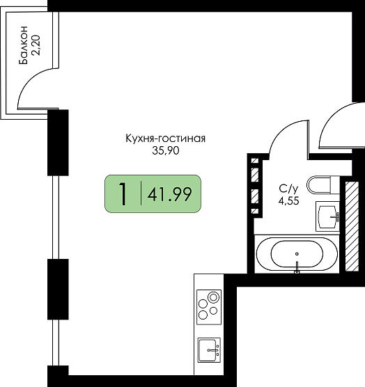 Однокомнатная квартира №109 c черновой отделкой, Корпус А, Секция 2