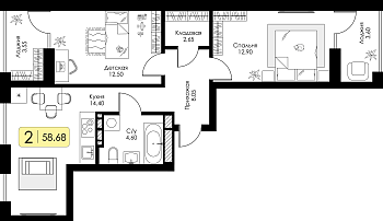 Двухкомнатная квартира 58.68м², 5 этаж № 152