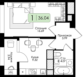 Однокомнатная квартира 36.04м², 9 этаж № 92