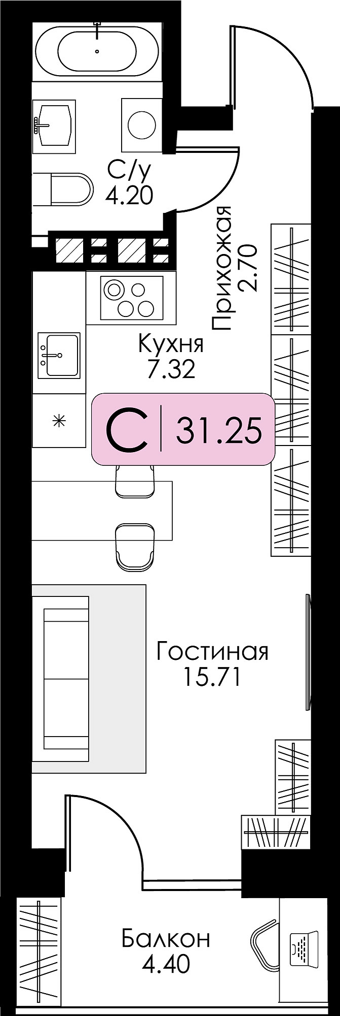 Квартира-студия №93 с чистовой отделкой, Корпус №12, Секция 1