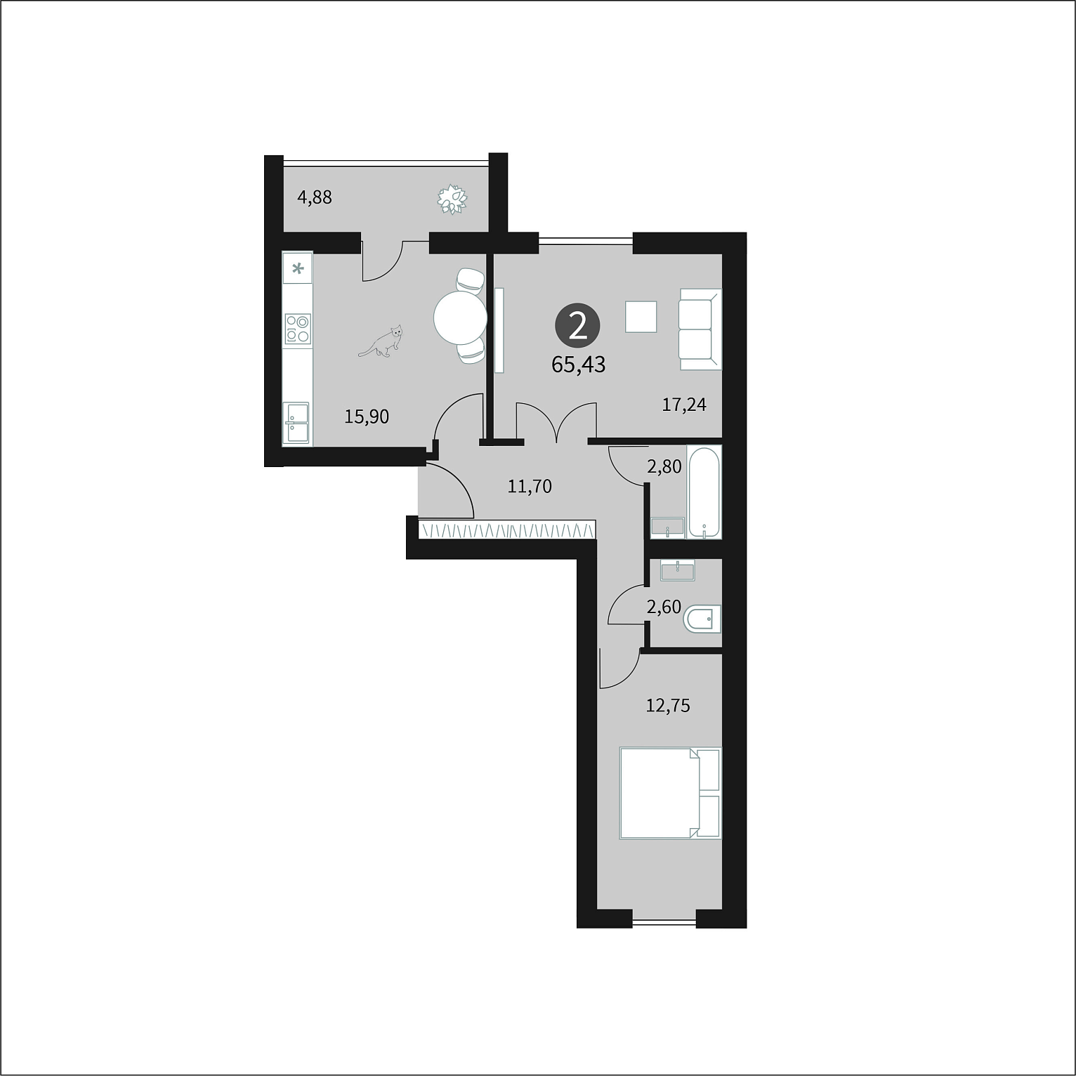 Двухкомнатная квартира №151 c черновой отделкой, Корпус дом №7, Секция 3