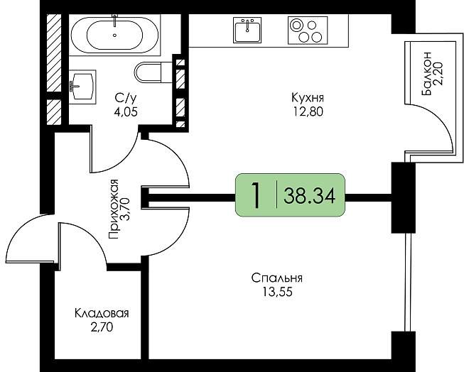 Однокомнатная квартира №139 с чистовой отделкой, Корпус А, Секция 3