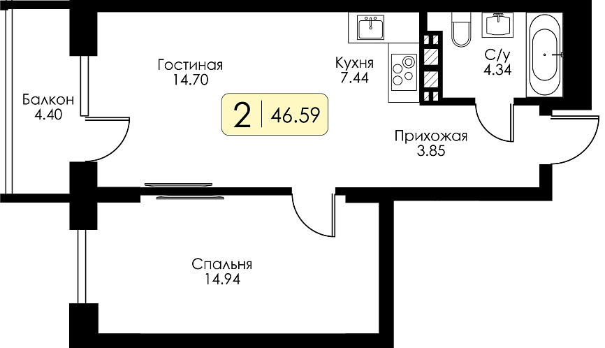 Двухкомнатная квартира №74 с предчистовой отделкой, Корпус №12, Секция 1