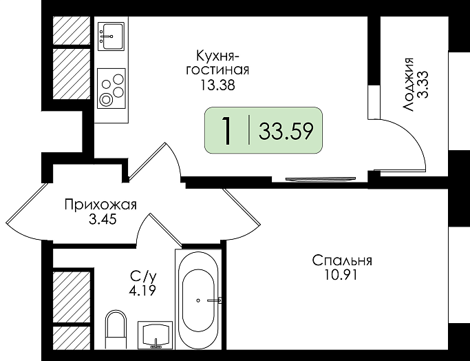 Однокомнатная квартира №277 с чистовой отделкой, Корпус № 2, Секция 1