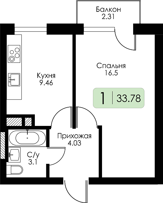 Однокомнатная квартира №6 c черновой отделкой, Корпус Дом №1, Секция 1