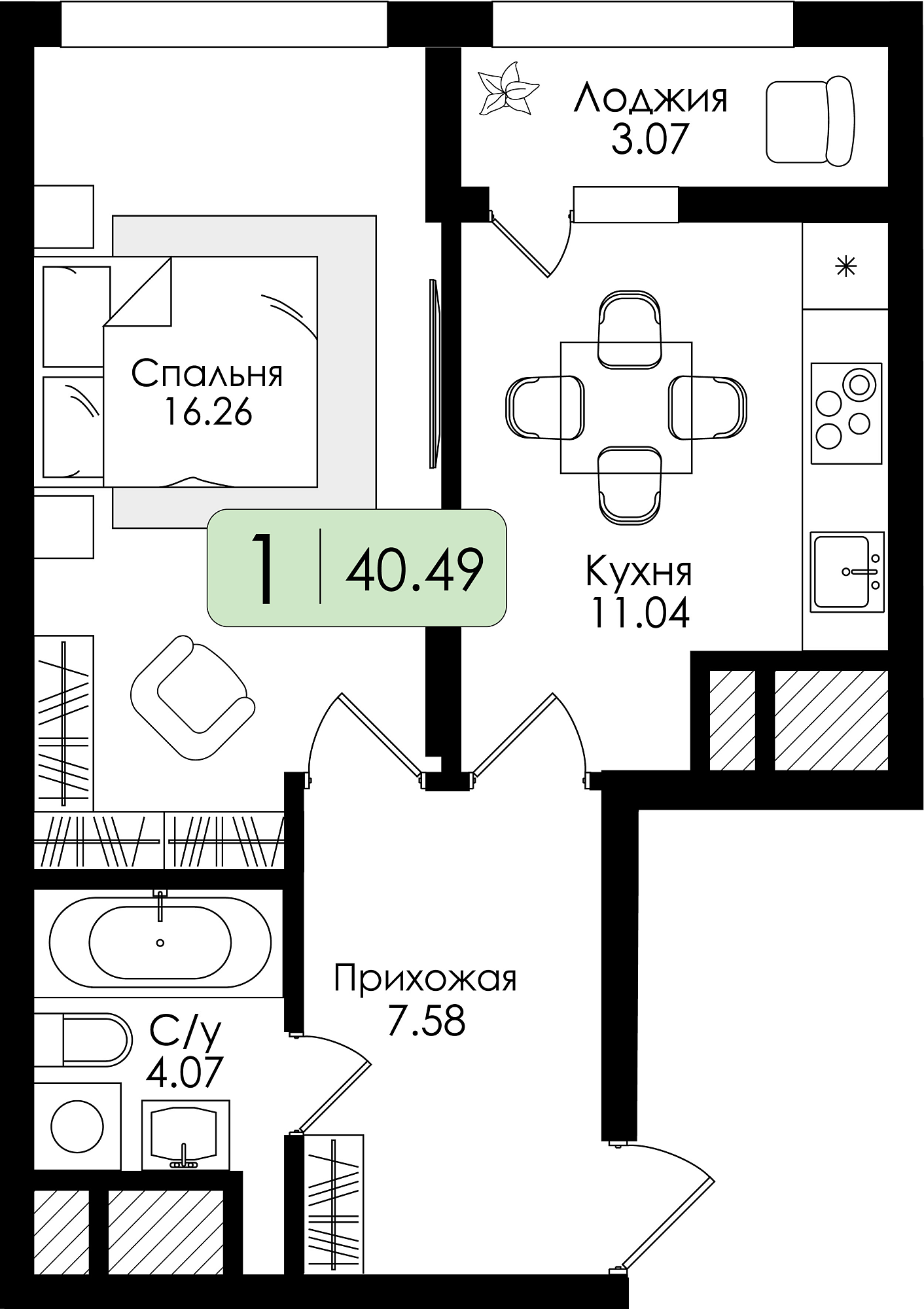 Однокомнатная квартира №171 с чистовой отделкой, Корпус № 1, Секция 1